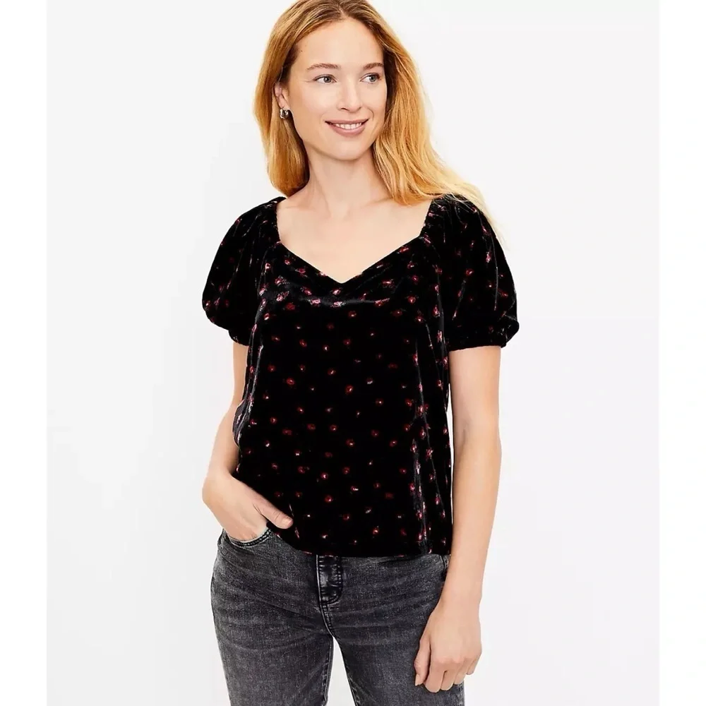 LOFT Velvet Floral Puff Sleeve Top